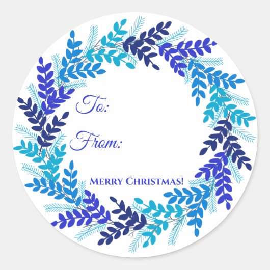 Eleganter Blue Wreath Weihnachtsgeschenk-Etikett Runder Aufkleber (Vorderseite)