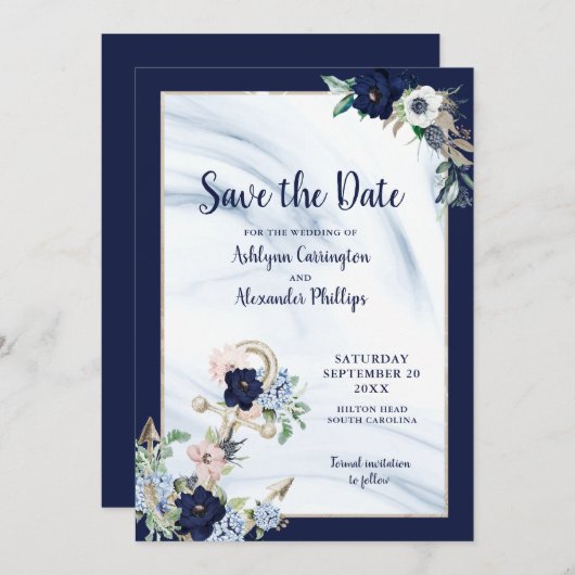 Eleganter, blühender Anker der Navy Blush Save The Date (Vorne/Hinten)