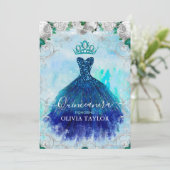 Eleganter, blühender Aqua-Glitzer-Gewand Quinceane Einladung (Stehend Vorderseite)