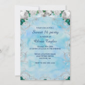 Eleganter, blühender Aqua-Glitzer-Gewand Quinceane Einladung (Rückseite)