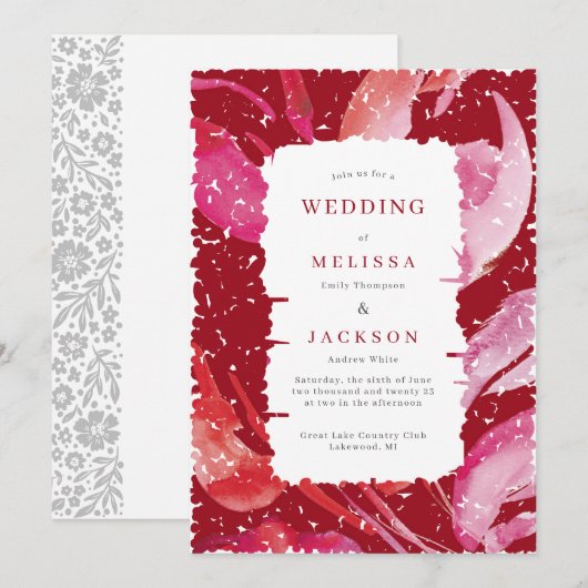 Eleganter blühender Rahmen Hochzeit Einladung Rot  (Vorne/Hinten)