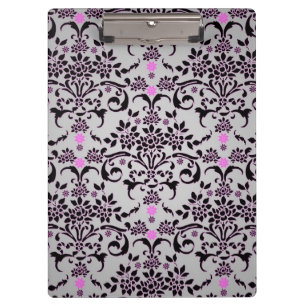 Eleganter Blumen-Damask Schwarz Lila Silberweiß Klemmbrett