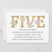 Eleganter Blumen Gold Glitzer FÜNF 5. Geburtstag Einladung (Vorderseite)