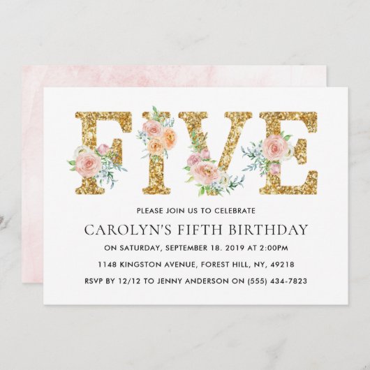 Eleganter Blumen Gold Glitzer FÜNF 5. Geburtstag Einladung (Vorne/Hinten)