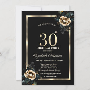 Eleganter Blumen Gold Rahmen Schwarz 30. Geburtsta Einladung