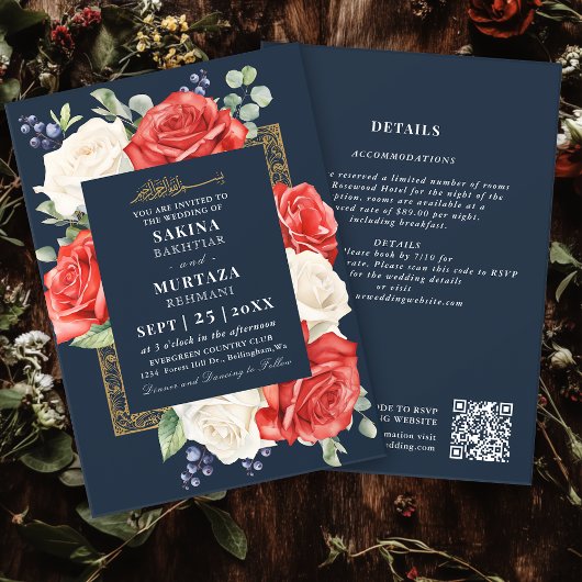 Eleganter Blumenblauer QR-Code für Hochzeiten Einladung
