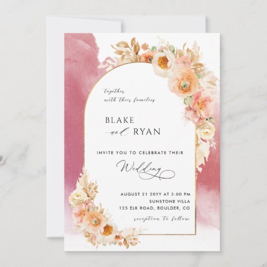 Eleganter Blumenbogen Peach Burgundy Blush Wedding Einladung (Vorderseite)