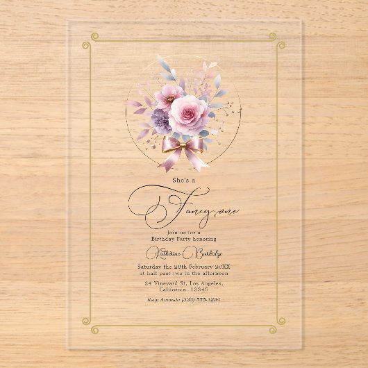 Eleganter Blumenbow "Extravagant One" Erster Gebur Acryleinladungen (Vorderseite)