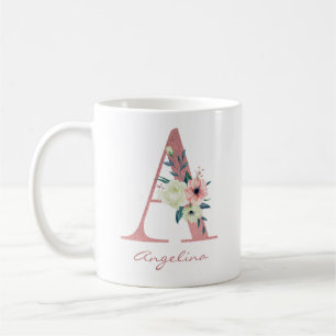 Eleganter Blumenbuchstabe A Rosa und Elfenbein Bou Kaffeetasse