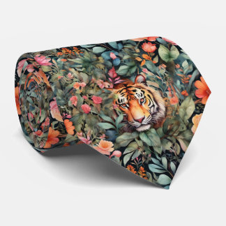 Eleganter Blumendschungel und Tiger in Aquarelltön Krawatte