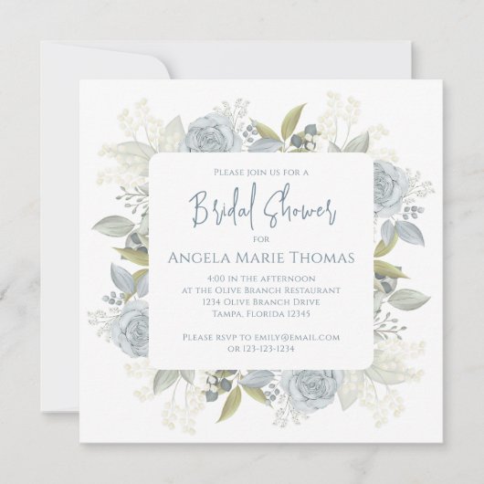 Eleganter Blumendusty Blue Brautparty QR Code Einladung (Vorderseite)