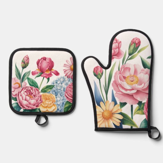 Eleganter Blumengarten Oven Mitt & Pot Holders Ofenhandschuh & Topflappen-Set (Vorderseite)