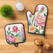 Eleganter Blumengarten Oven Mitt & Pot Holders Ofenhandschuh & Topflappen-Set (Oben Unten)