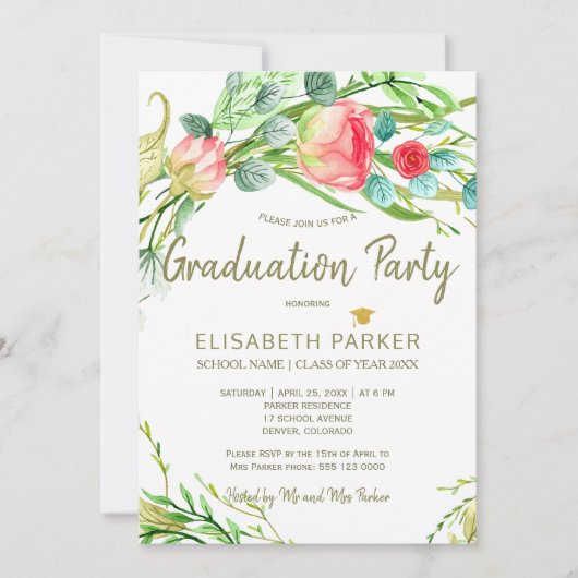Eleganter Blumengarten Rose Graduierungsparty Einladung (Vorderseite)