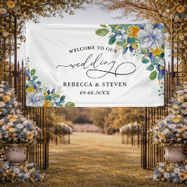 Eleganter, blumengelb-blauer Hochzeitsempfang Banner