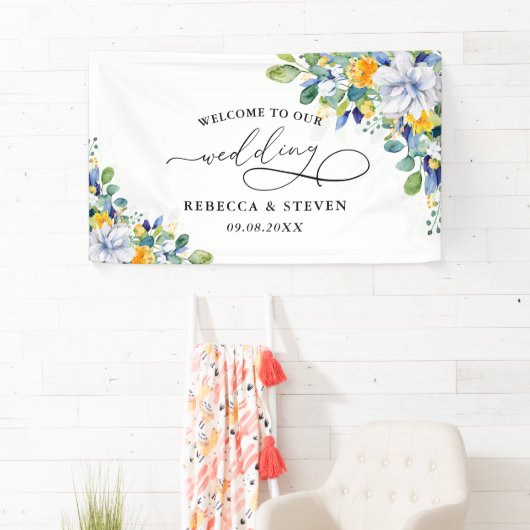 Eleganter, blumengelb-blauer Hochzeitsempfang Banner (Insitu)