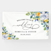 Eleganter, blumengelb-blauer Hochzeitsempfang Banner (Horizontal)