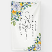 Eleganter, blumengelb-blauer Hochzeitsempfang Banner (Vertikal)