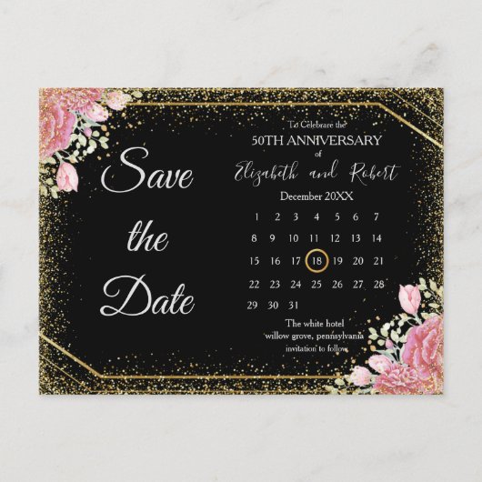 Eleganter Blumengliter-Jubiläum Save the Date Ankündigungspostkarte (Vorderseite)