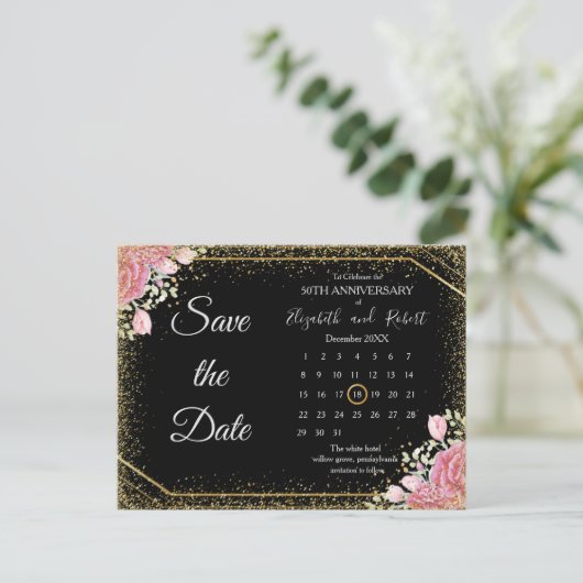 Eleganter Blumengliter-Jubiläum Save the Date Ankündigungspostkarte (Stehend Vorderseite)
