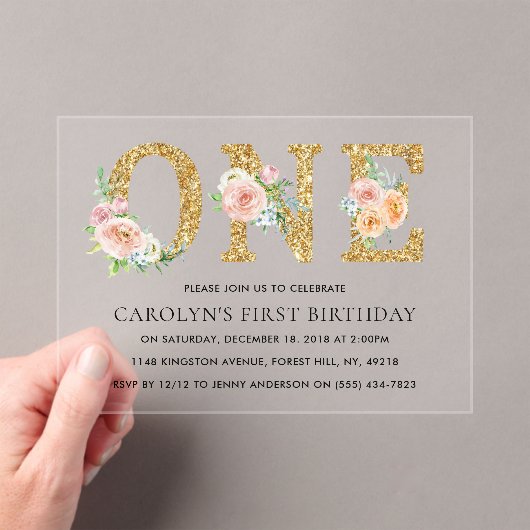 Eleganter Blumengold Glitzer 1. Geburtstag Acryleinladungen (Insitu (Handheld))