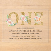 Eleganter Blumengold Glitzer 1. Geburtstag Acryleinladungen (Vorderseite)