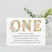 Eleganter Blumengold Glitzer 1. Geburtstag Einladung (Stehend Vorderseite)