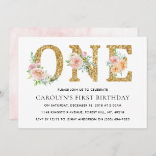 Eleganter Blumengold Glitzer 1. Geburtstag Einladung