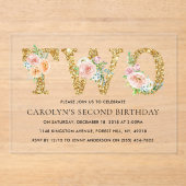 Eleganter Blumengold Glitzer 2. Geburtstag Acryleinladungen (Vorderseite)