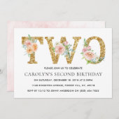 Eleganter Blumengold Glitzer 2. Geburtstag Einladung (Vorne/Hinten)