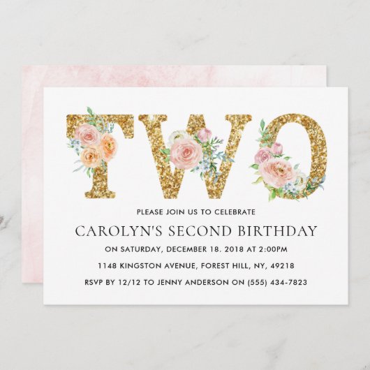 Eleganter Blumengold Glitzer 2. Geburtstag Einladung (Vorne/Hinten)