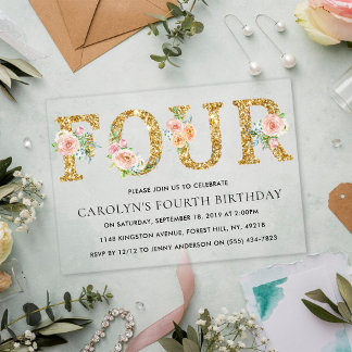 Eleganter Blumengolden Glitzer 4. Geburtstag Acryleinladungen