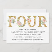 Eleganter Blumengolden Glitzer 4. Geburtstag Einladung (Vorderseite)