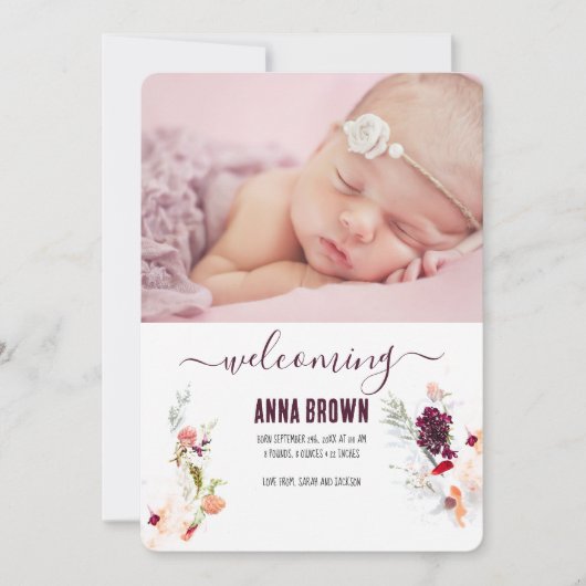 ELEGANTER BLUMENGRÜN, ORANGE, ROT & WEINBABY EINLADUNG (Vorderseite)