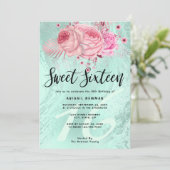 Eleganter blumengrüner Glitzer 16 . Geburtstag Einladung (Stehend Vorderseite)