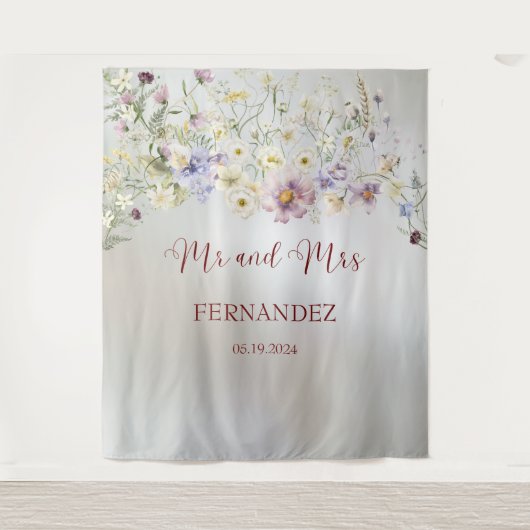 Eleganter Blumenherbst Mr. und Mrs. Wedding Backdr Wandteppich (Vorderseite)