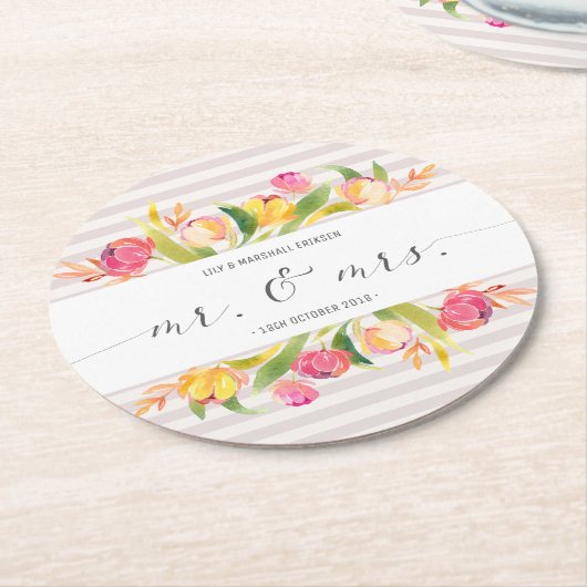 Eleganter Blumenherr-u. Frau-Wedding | Runder Pappuntersetzer (Angewinkelt)