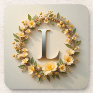 Eleganter Blumenkranz mit goldenem Buchstaben L Getränkeuntersetzer