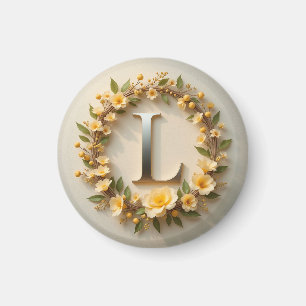 Eleganter Blumenkranz mit goldenem Buchstaben L Magnet
