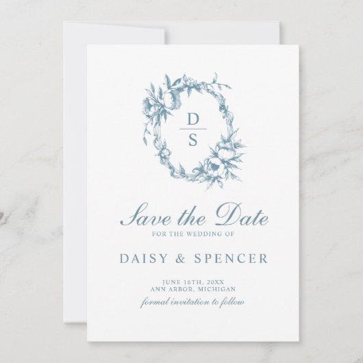 Eleganter Blumenkranz-Monogramm-Hochzeit Save The Date (Vorderseite)
