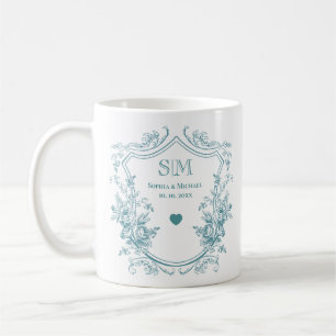 Eleganter Blumenkranz und Schild Hochzeitsmonogram Kaffeetasse
