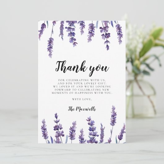Eleganter Blumenlavender Baby Shower Dankeskarte (Stehend Vorderseite)