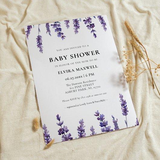 Eleganter Blumenlavender Baby Shower Einladung