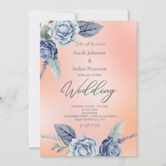 Eleganter Blumenpfirsich und dutzende Blauer Hochz Einladung (Vorderseite)