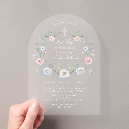 Eleganter Blumenrahmen Erste Heilige Kommunion Acryleinladungen