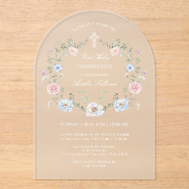 Eleganter Blumenrahmen Erste Heilige Kommunion Acryleinladungen