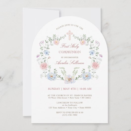 Eleganter Blumenrahmen Erste Heilige Kommunion Einladung (Vorderseite)