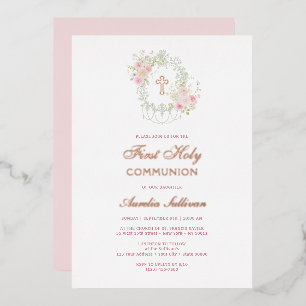 Eleganter Blumenrahmen Erste Heilige Kommunion Folieneinladung