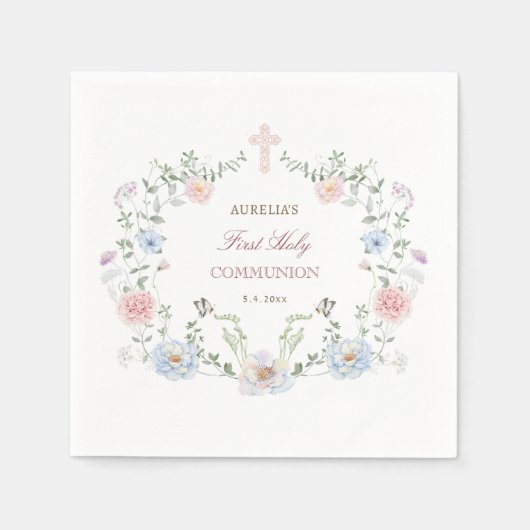 Eleganter Blumenrahmen Erste Kommunion Serviette (Vorderseite)