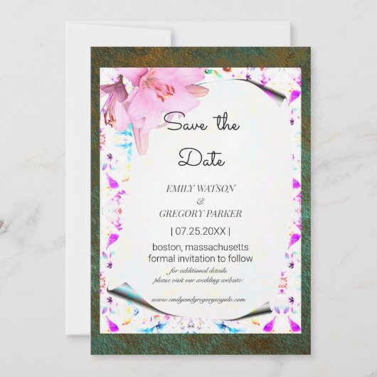 Eleganter Blumenrahmen mit Grunge-Patina-Hintergru Save The Date (Vorderseite)